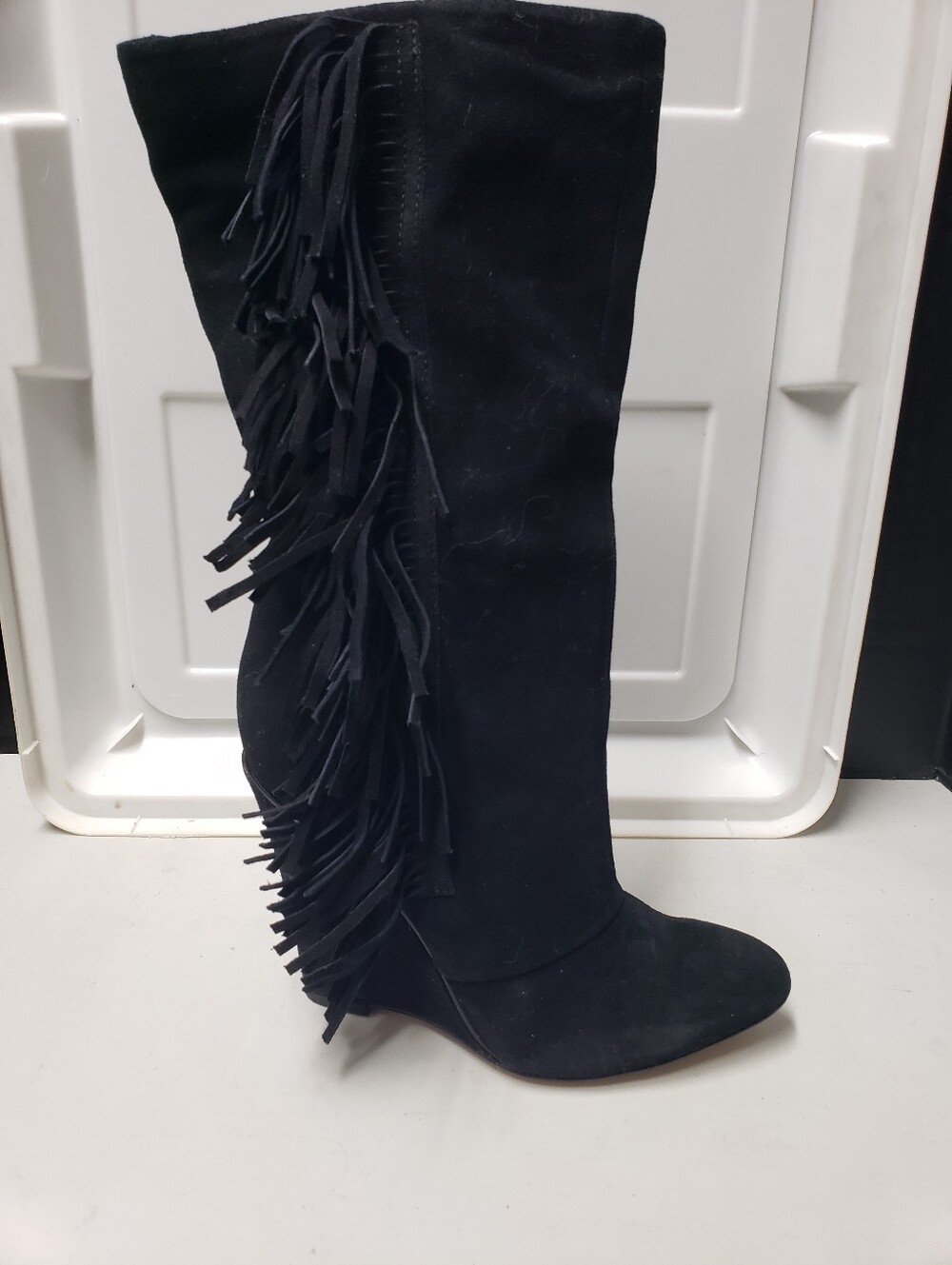 Joan Boyce Black Suede Fringe Knee-High Wedge Boots "Flirty" Size 7.5 NWB